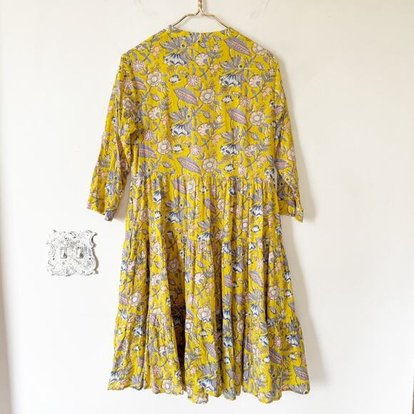 Shade Amour Yellow and Pink Block Print Floral Tiered Button Front Dress S - Picture 6 of 6